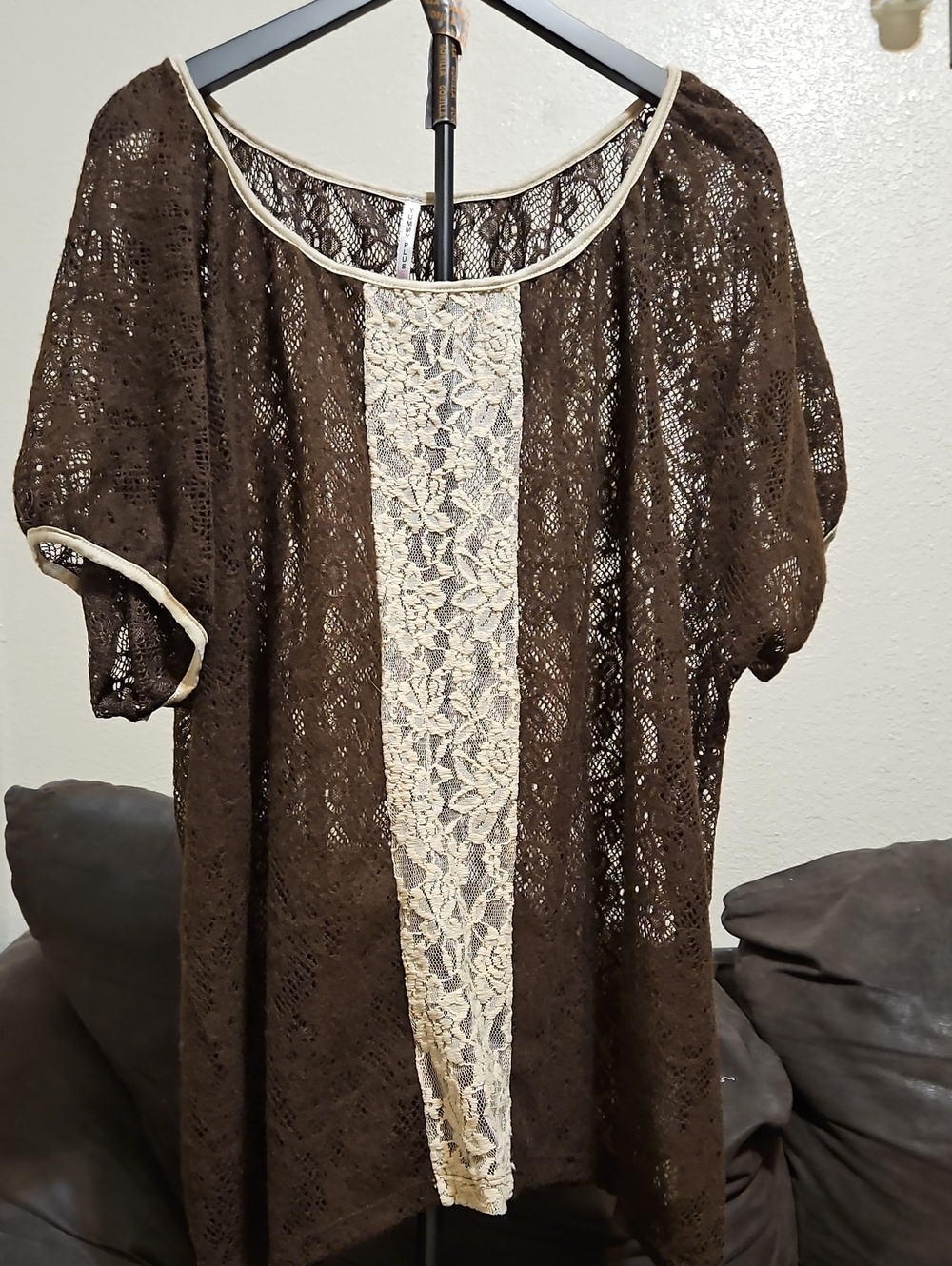 Lace Accent Brown Crochet Blouse with Cream Trim
